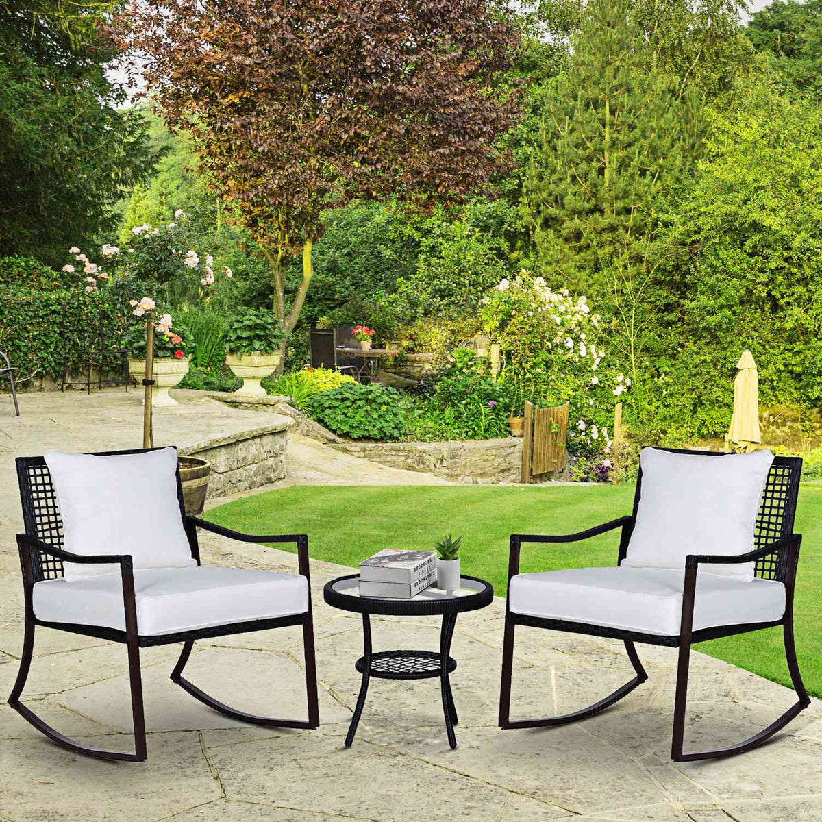 Garden Set For 2 People Rocking Chair Set With Cushion Rattan Brown + White