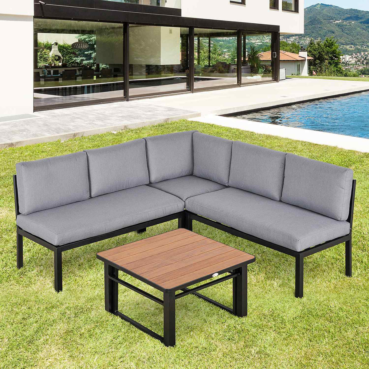 Garden Set For 4 People Garden Furniture Set With Liftable Coffee Table Sofa With Cushions Outdoor Aluminum Gray