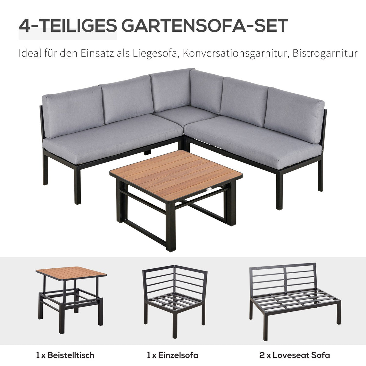 Garden Set For 4 People Garden Furniture Set With Liftable Coffee Table Sofa With Cushions Outdoor Aluminum Gray