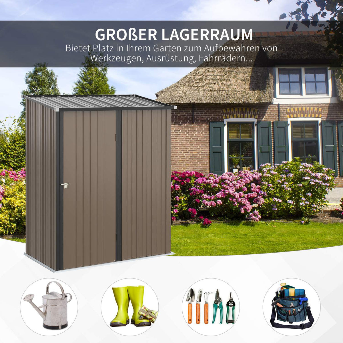 Garden Shed 1.34 M² Tool Shed With Pent Roof Made Of Galvanized Steel, 161.5X94.5X196Cm, Brown