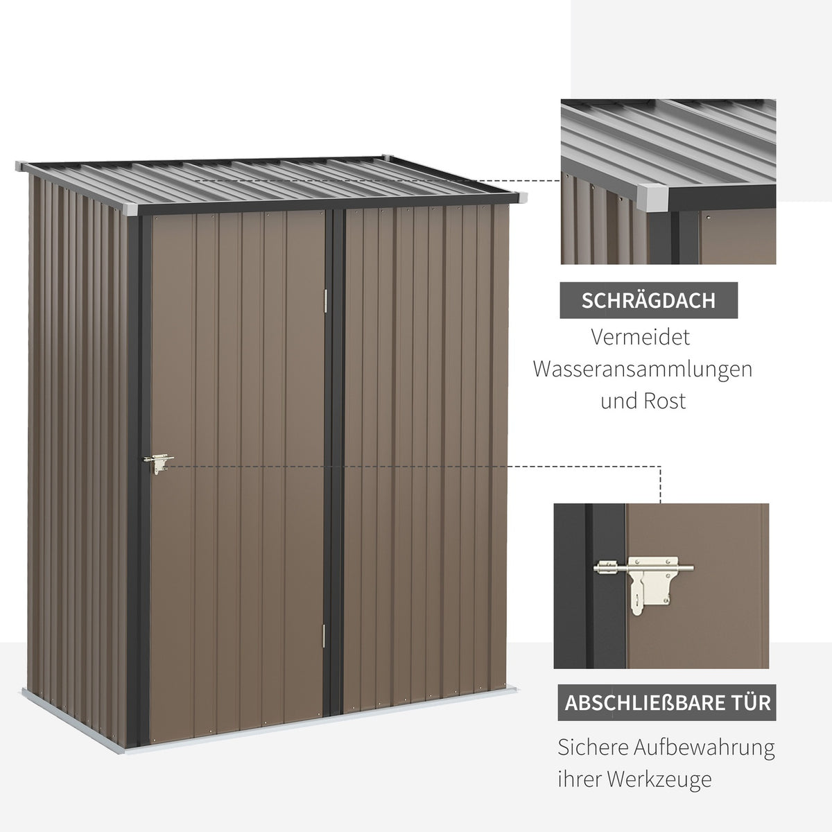 Garden Shed 1.34 M² Tool Shed With Pent Roof Made Of Galvanized Steel, 161.5X94.5X196Cm, Brown