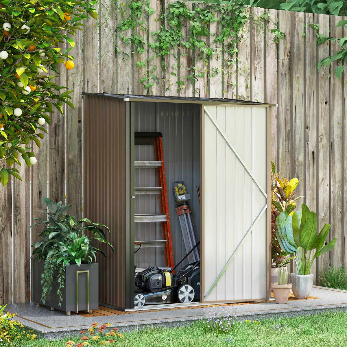 Garden Shed 1.34 M² Tool Shed With Pent Roof Made Of Galvanized Steel, 161.5X94.5X196Cm, Brown
