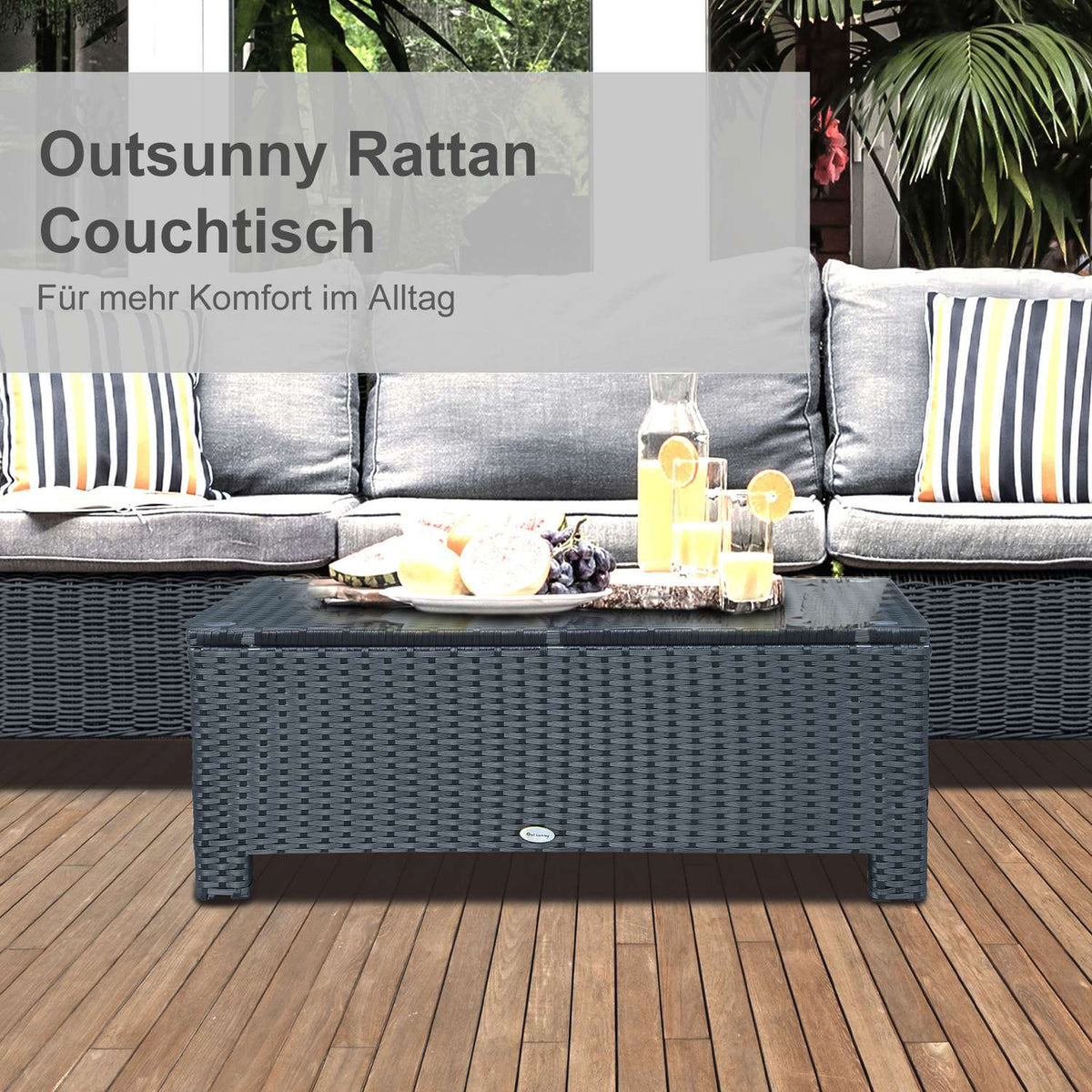 Garden Side Table Coffee Table Made Of Polyrattan, Weatherproof, Black, 85X50X39Cm