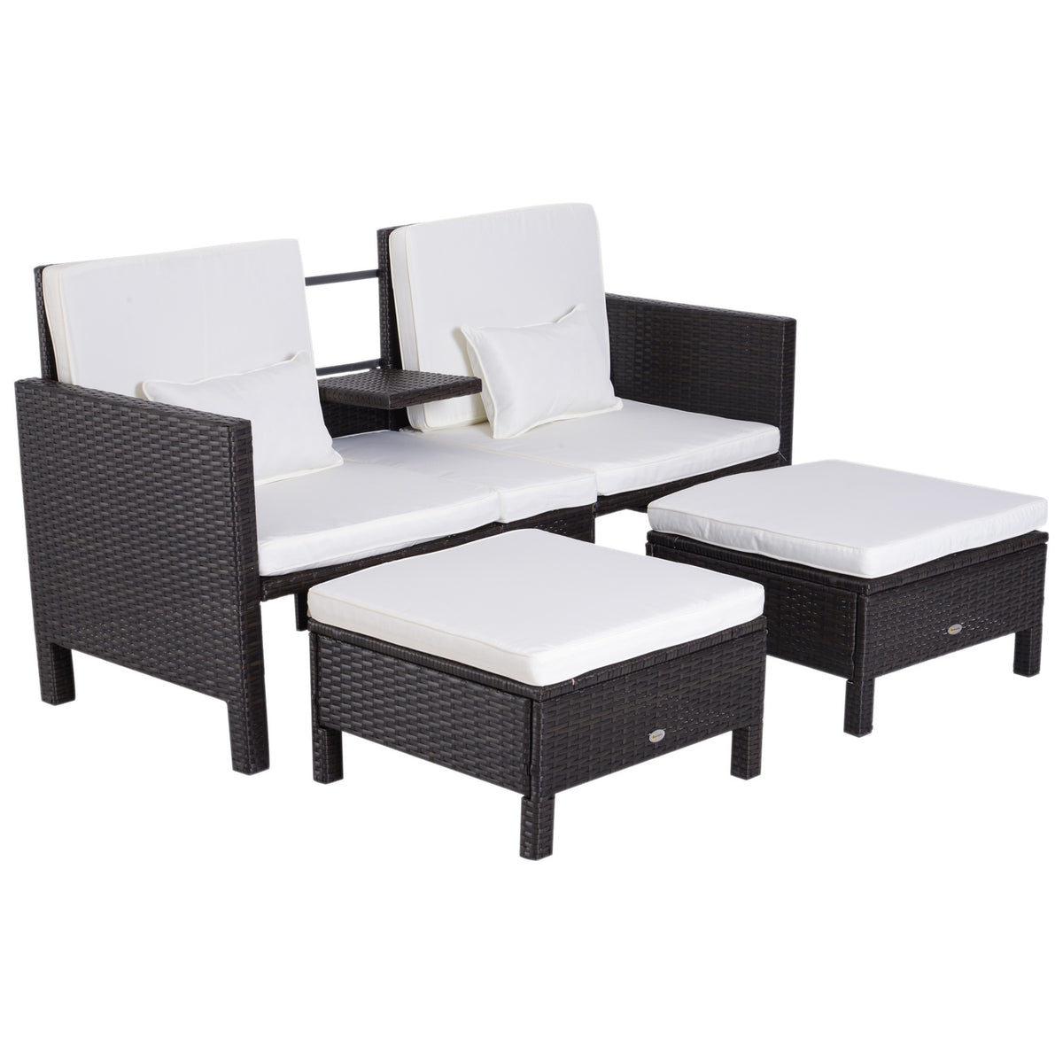 Garden Sofa Set Brown Polyrattan & Metal, Including 2-Seater Sofa, Stool & Cushions, Ideal For Garden & Lounge Area