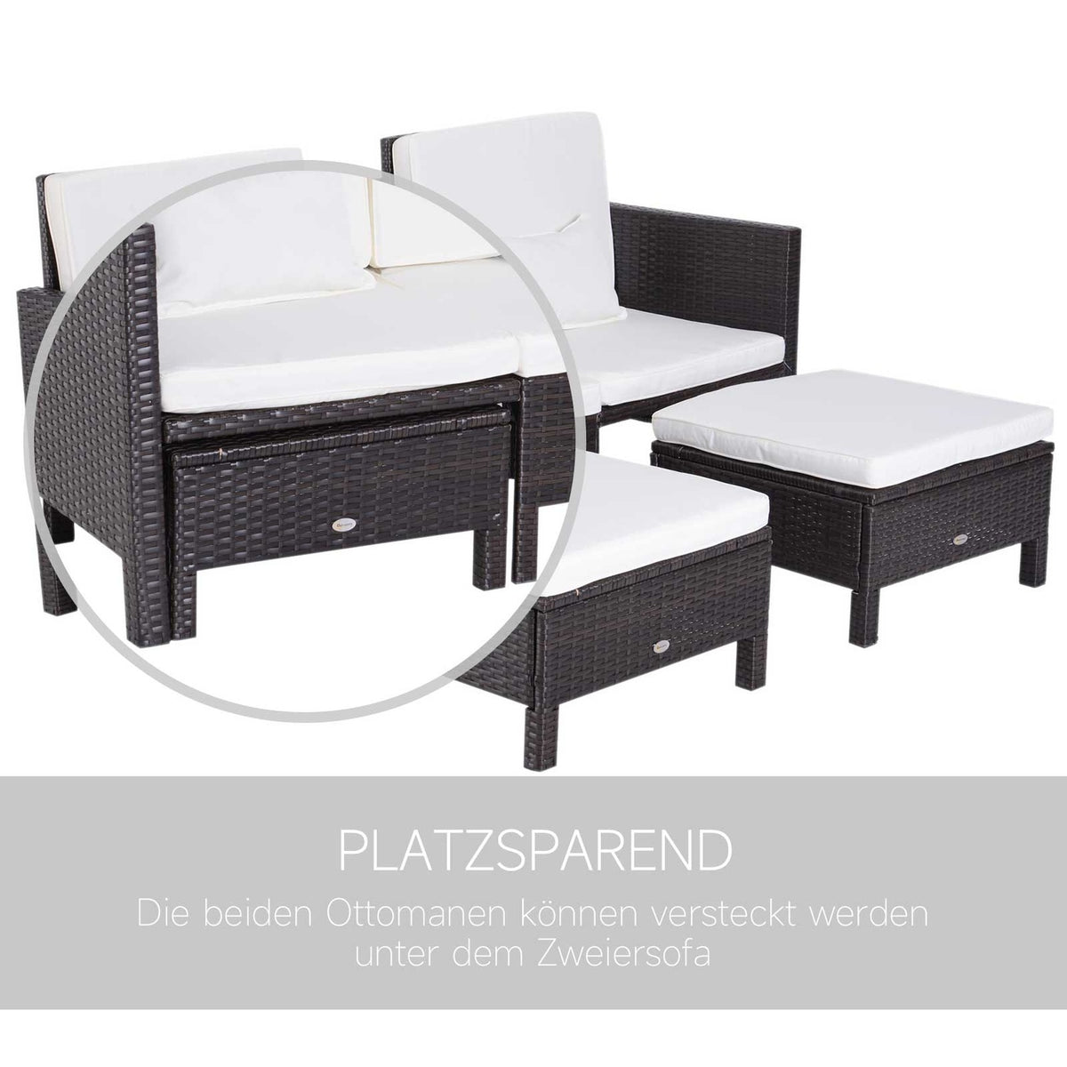 Garden Sofa Set Brown Polyrattan & Metal, Including 2-Seater Sofa, Stool & Cushions, Ideal For Garden & Lounge Area