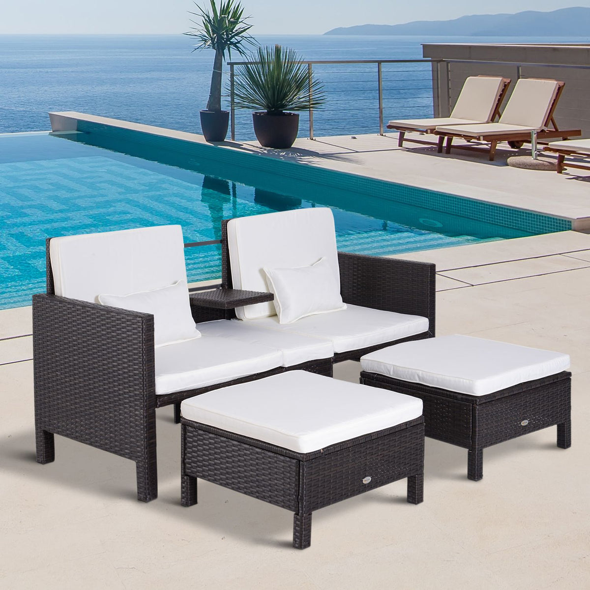 Garden Sofa Set Brown Polyrattan & Metal, Including 2-Seater Sofa, Stool & Cushions, Ideal For Garden & Lounge Area