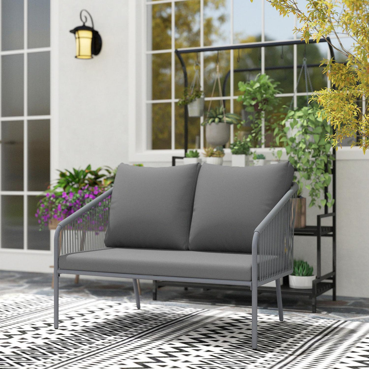 Garden Sofa with Cushions 2-Seater Rattan Sofa Lounge Sofa Outdoor Balcony Sofa Rattan Sofa Garden Lounge Polyrattan Garden Furniture Balcony Furniture 112 x 72 x 76 cm Gray |