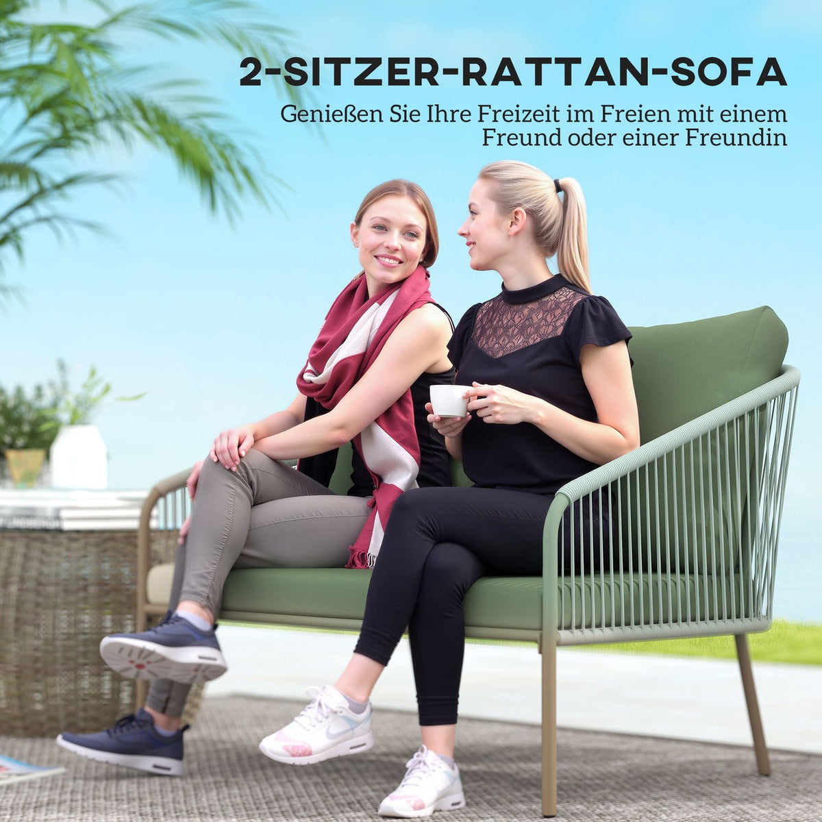 Garden Sofa with Cushions 2-Seater Rattan Sofa Lounge Sofa Outdoor Balcony Sofa Rattan Sofa Garden Lounge Polyrattan Garden Furniture Balcony Furniture 112 x 72 x 76 cm Green |