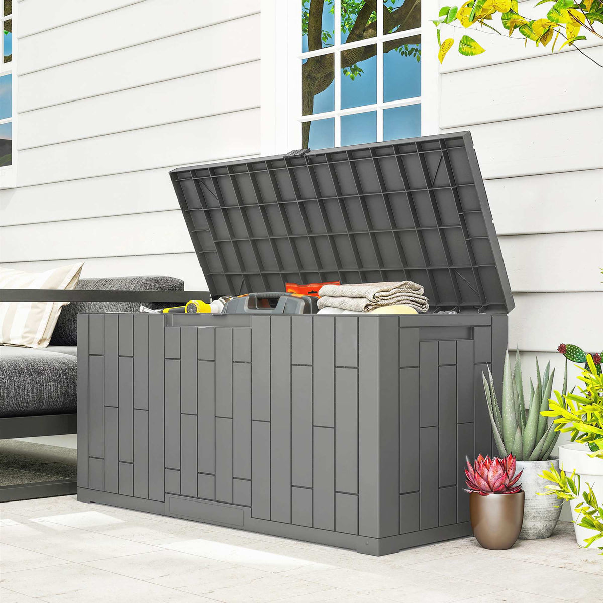 Garden Storage Box, 227L, Waterproof, Lockable, Gray