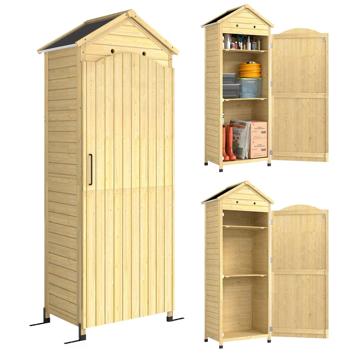 Garden Storage Shed, Tall Wooden Cabinet with Adjustable Shelves