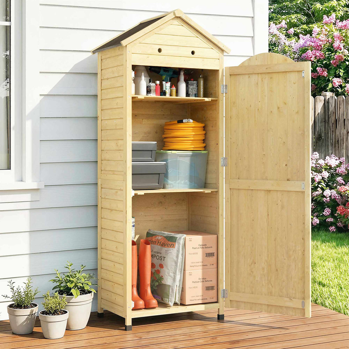 Garden Storage Shed, Tall Wooden Cabinet with Adjustable Shelves