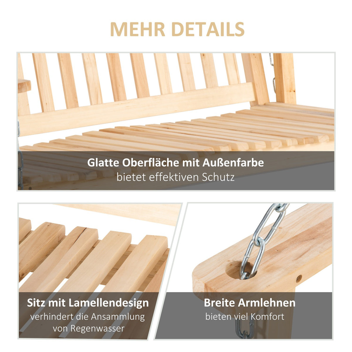 Garden Swing For 2 People Swing Bench Hanging Bench Solid Wood Patio Terrace Backyard Natural 117 X 69 X 60 Cm