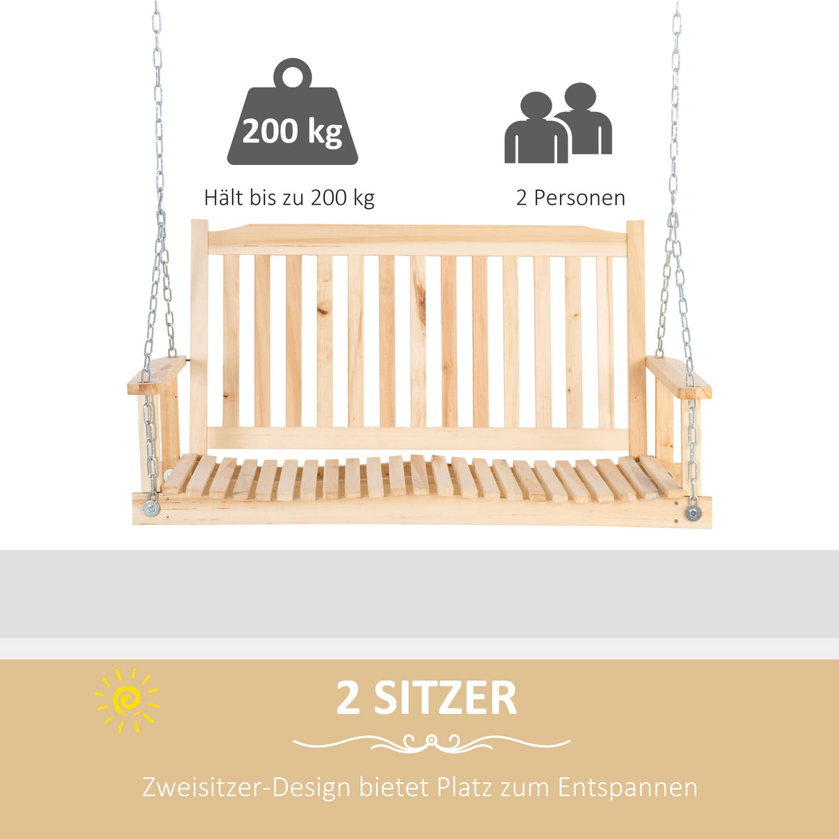 Garden Swing For 2 People Swing Bench Hanging Bench Solid Wood Patio Terrace Backyard Natural 117 X 69 X 60 Cm