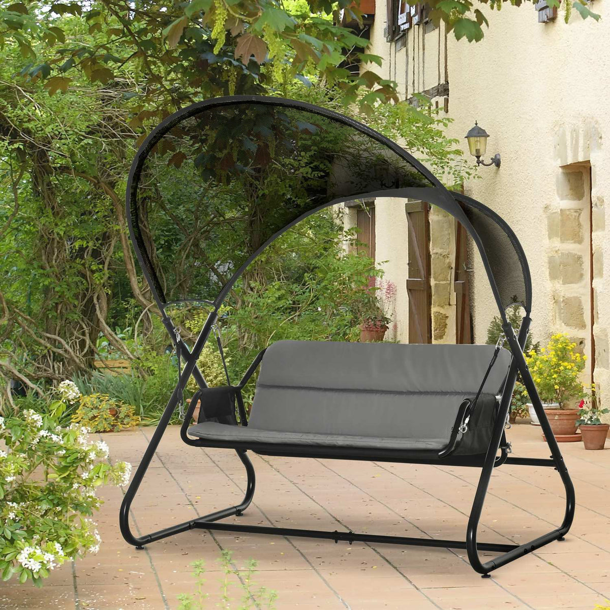 Garden Swing Sun Lounger 2 Person Swing Frame Outdoor Swing Bench With Seat Cushion Textline Black 166 X 140 X 187 Cm