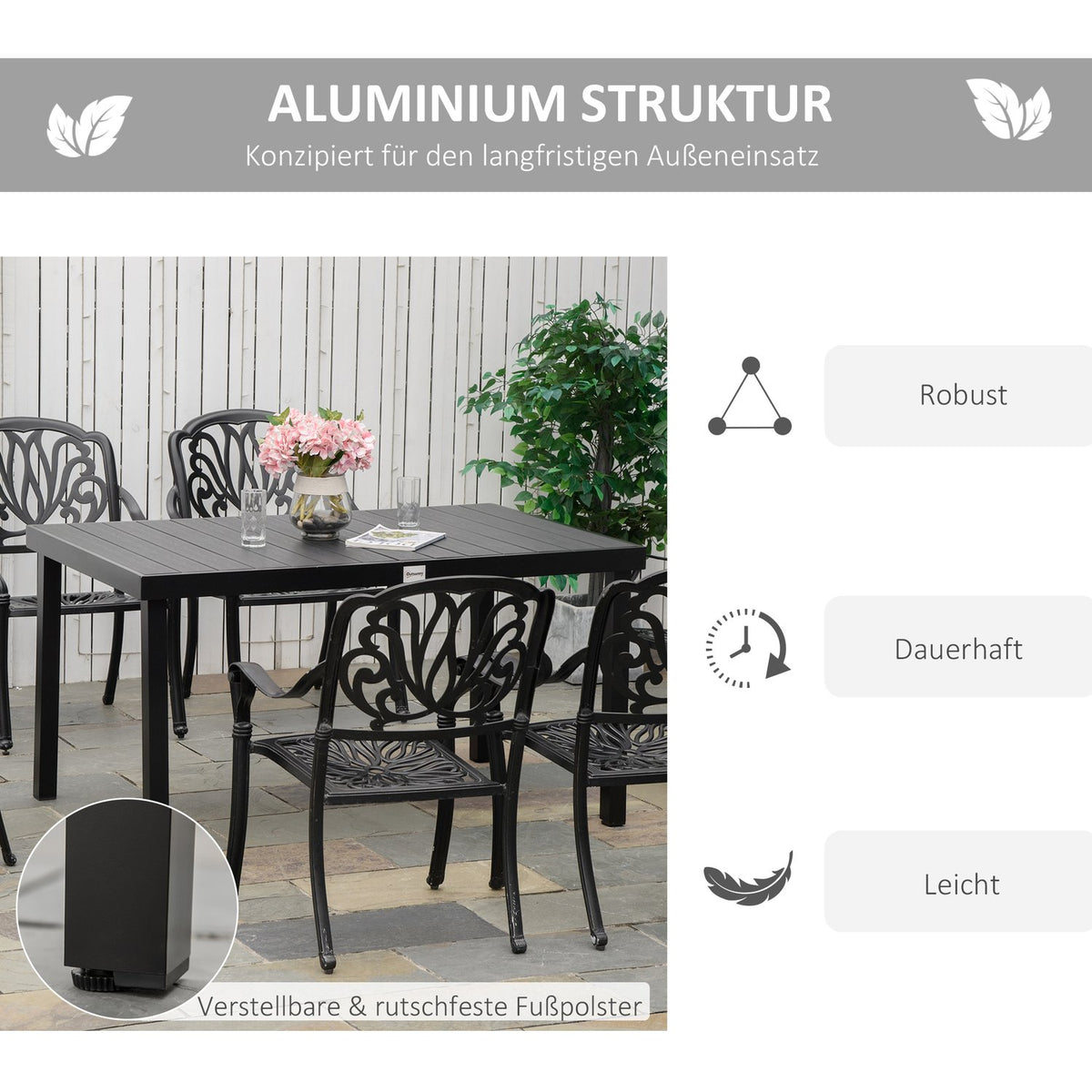 Garden Table 6 People Dining Table Easy-Care Aluminum Table Garden Furniture Plastic Black 140X90X74Cm