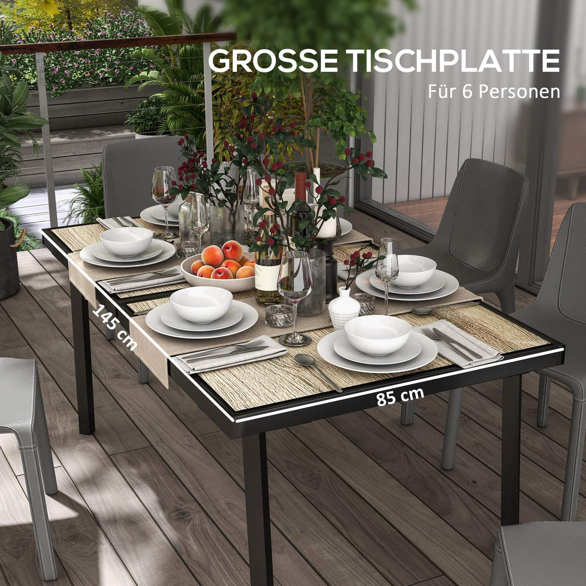 Garden Table, Balcony Table, 145 X 85 Cm Patio Table For 6 People With Wood Look, Dining Table For Garden, Steel Frame, Gray