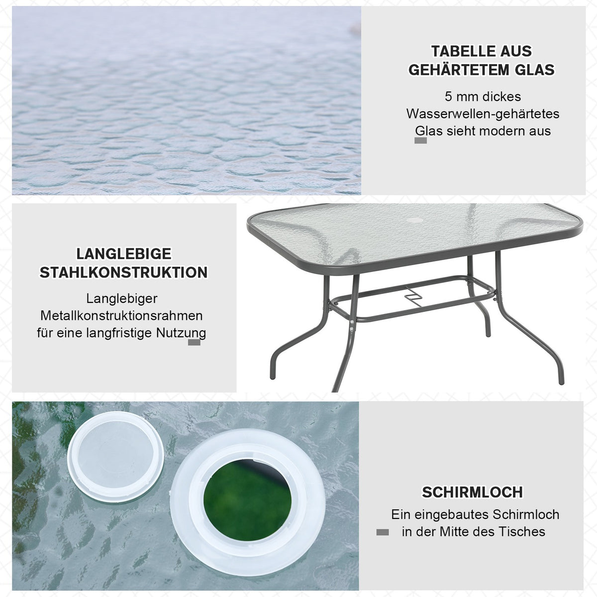 Garden Table Bistro Table Balcony Table Garden Side Table Garden Furniture With Glass Top Umbrella Hole Tempered Glass + Metal Carbon Gray 120 X 80 X 70Cm