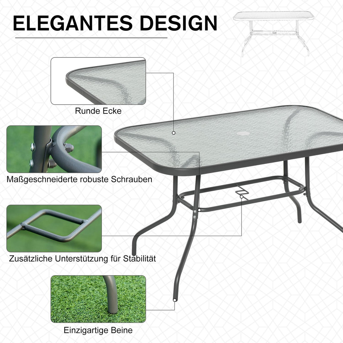 Garden Table Bistro Table Balcony Table Garden Side Table Garden Furniture With Glass Top Umbrella Hole Tempered Glass + Metal Carbon Gray 120 X 80 X 70Cm