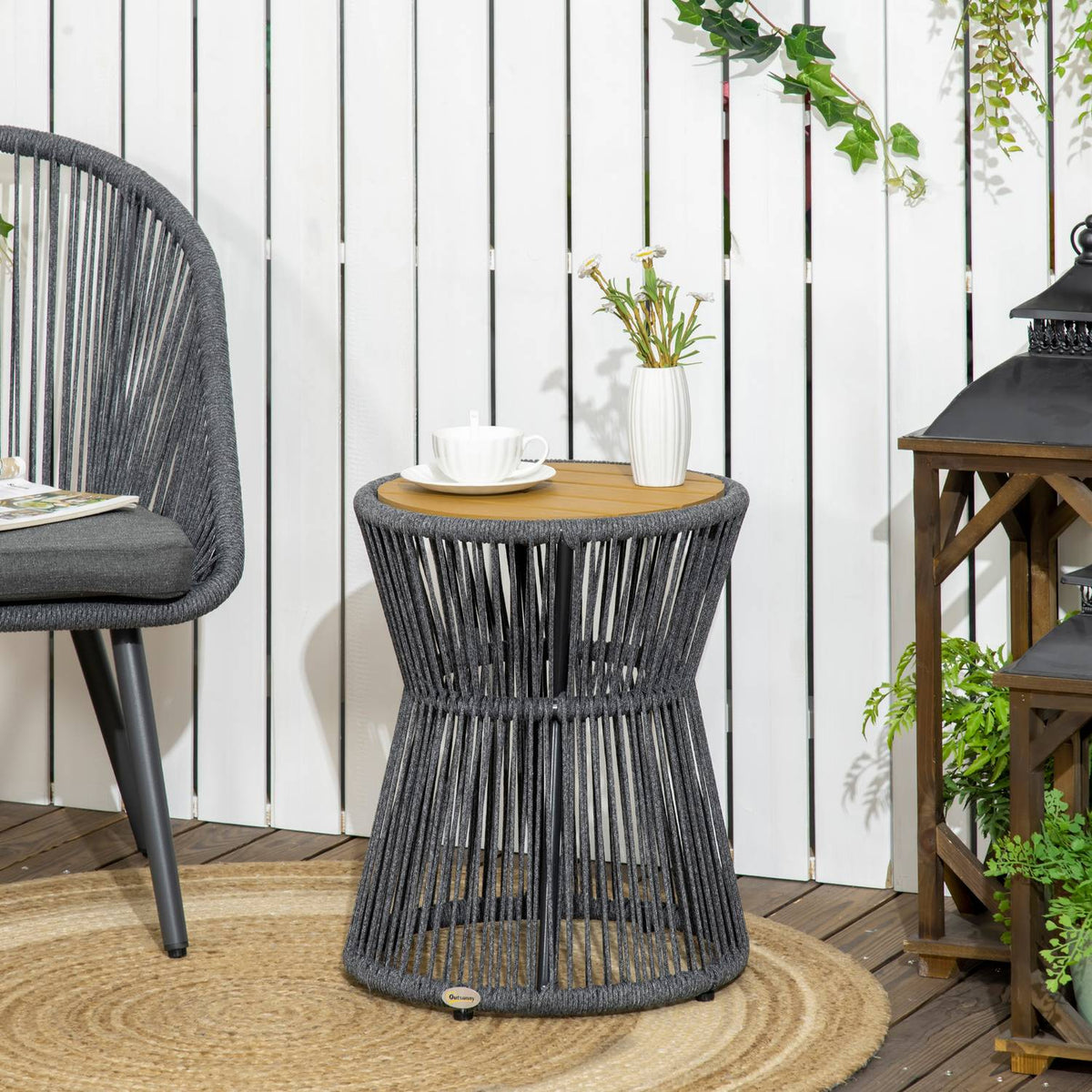 Garden Table, Bistro Table, Coffee Table With Plastic Table Top With Adjustable Feet, For Patio, Dark Gray + Natural