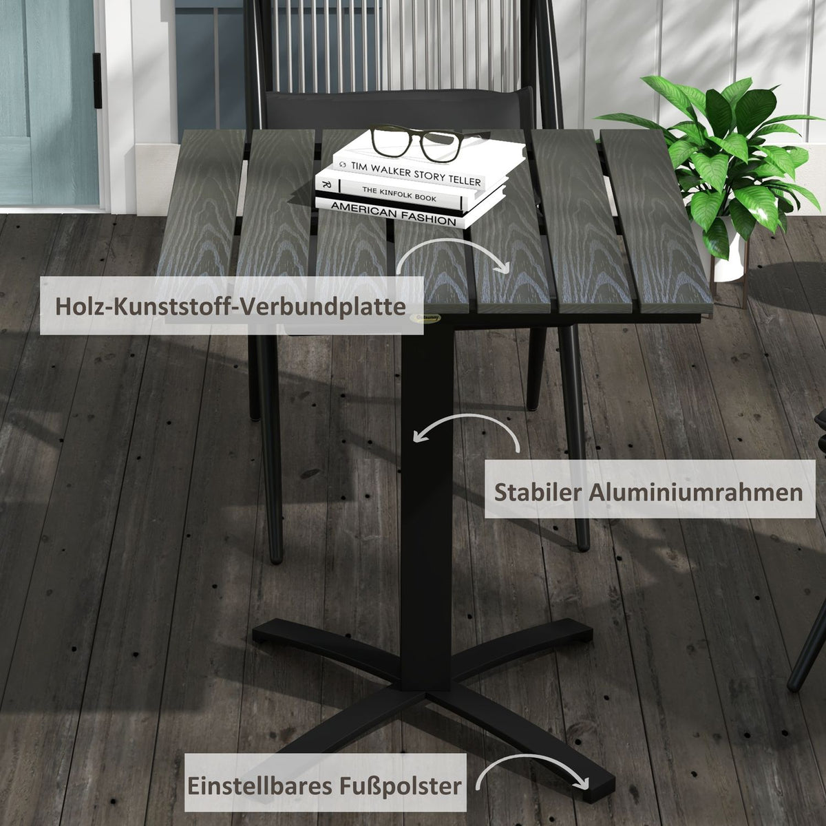 Garden Table, Dining Table For 4 People, Square Balcony Table With Wood Look For Terrace, Aluminum, Gray, 70 X 70 X 76 Cm