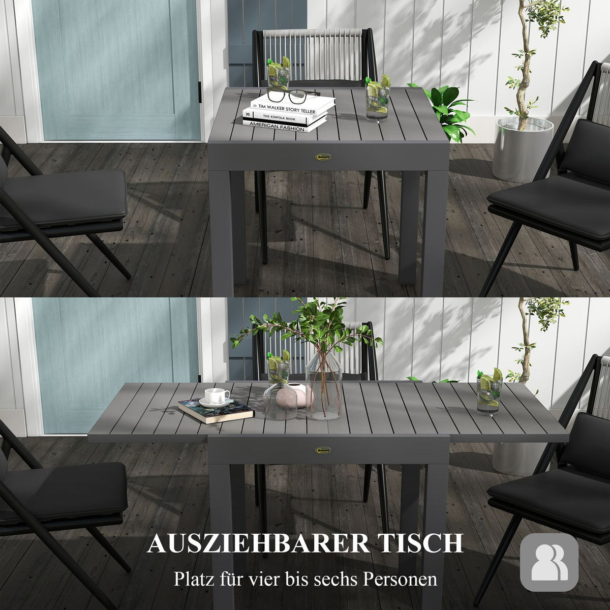 Garden Table Dining Table For 6 People Patio Table Expandable Balcony Table Holds Up To 70 Kg Aluminum Gray 81/162 X 80 X 75 Cm