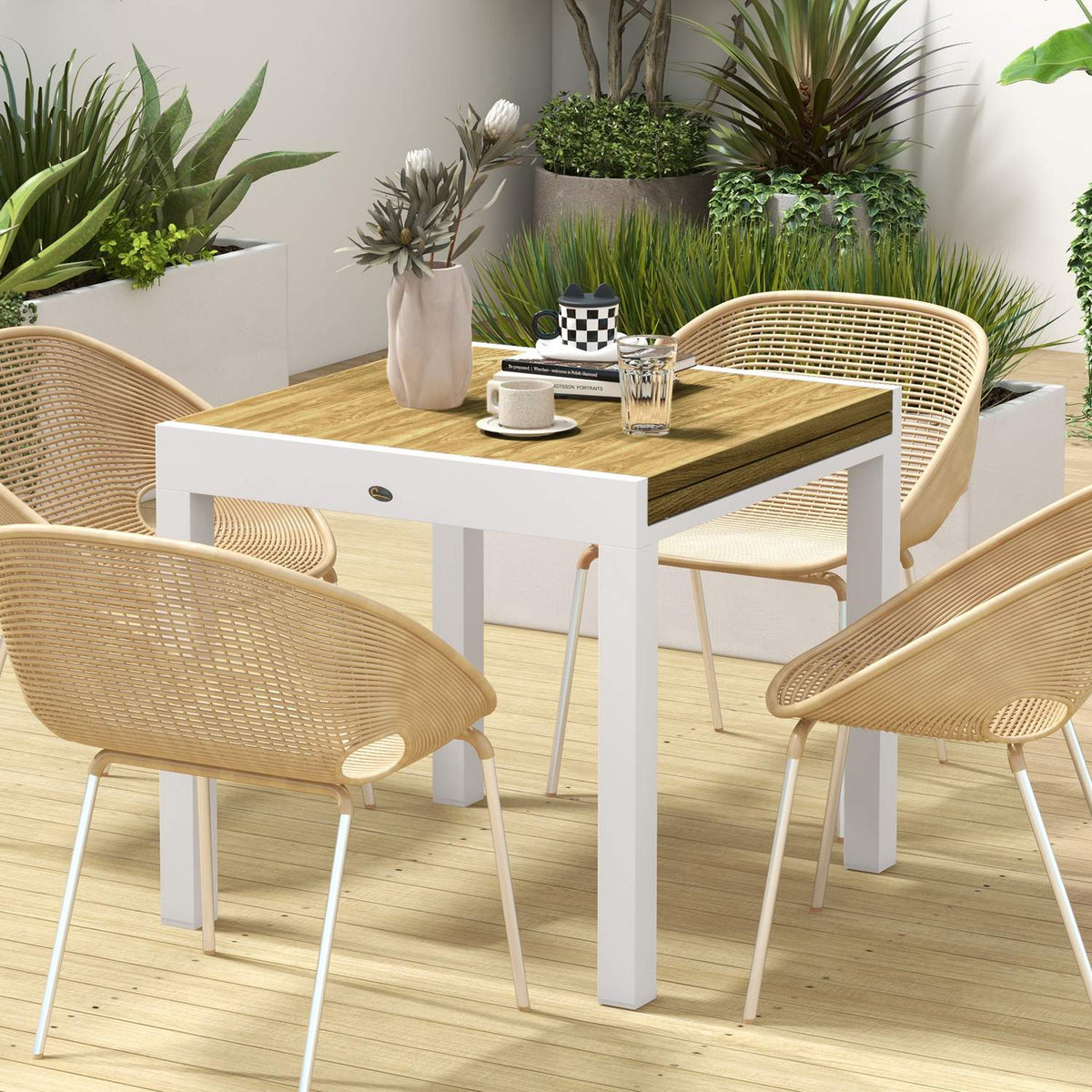 Garden Table, Extendable Dining Table For Garden, Patio Table For 6 People, Balcony Table With Wood Look, White, 80/160 X 80 X 75 Cm
