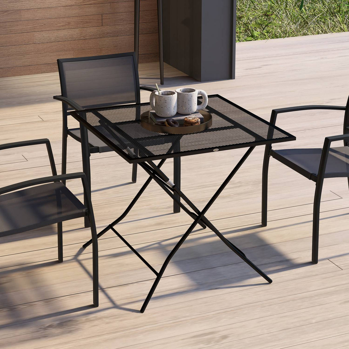 Garden Table, Folding Balcony Table, Square Side Table With A Load Capacity Of Up To 70 Kg For Terrace, Steel, Black, 80 X 80 X 74 Cm