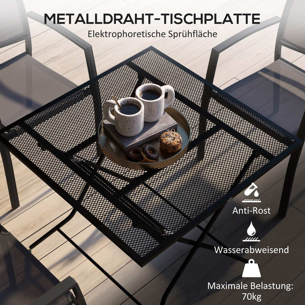 Garden Table, Folding Balcony Table, Square Side Table With A Load Capacity Of Up To 70 Kg For Terrace, Steel, Black, 80 X 80 X 74 Cm