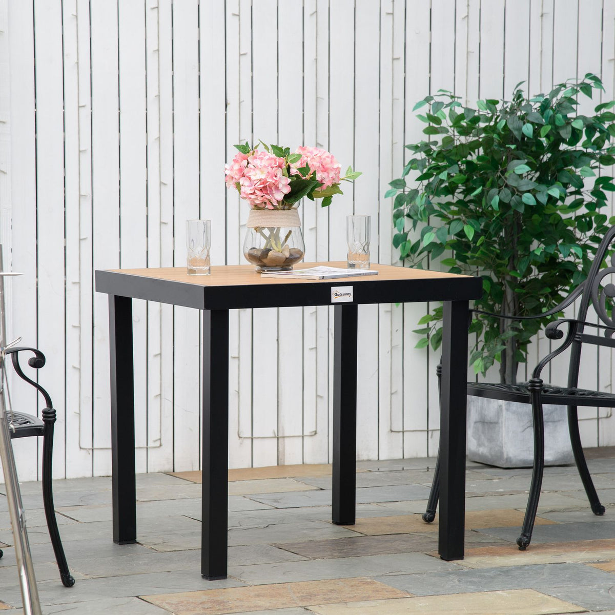 Garden Table For 4 People, Dining Table, Aluminum Table, Garden Furniture, Lounge Furniture, Easy-Care Plastic, Natural + Black, 80 X 80 X 74 Cm