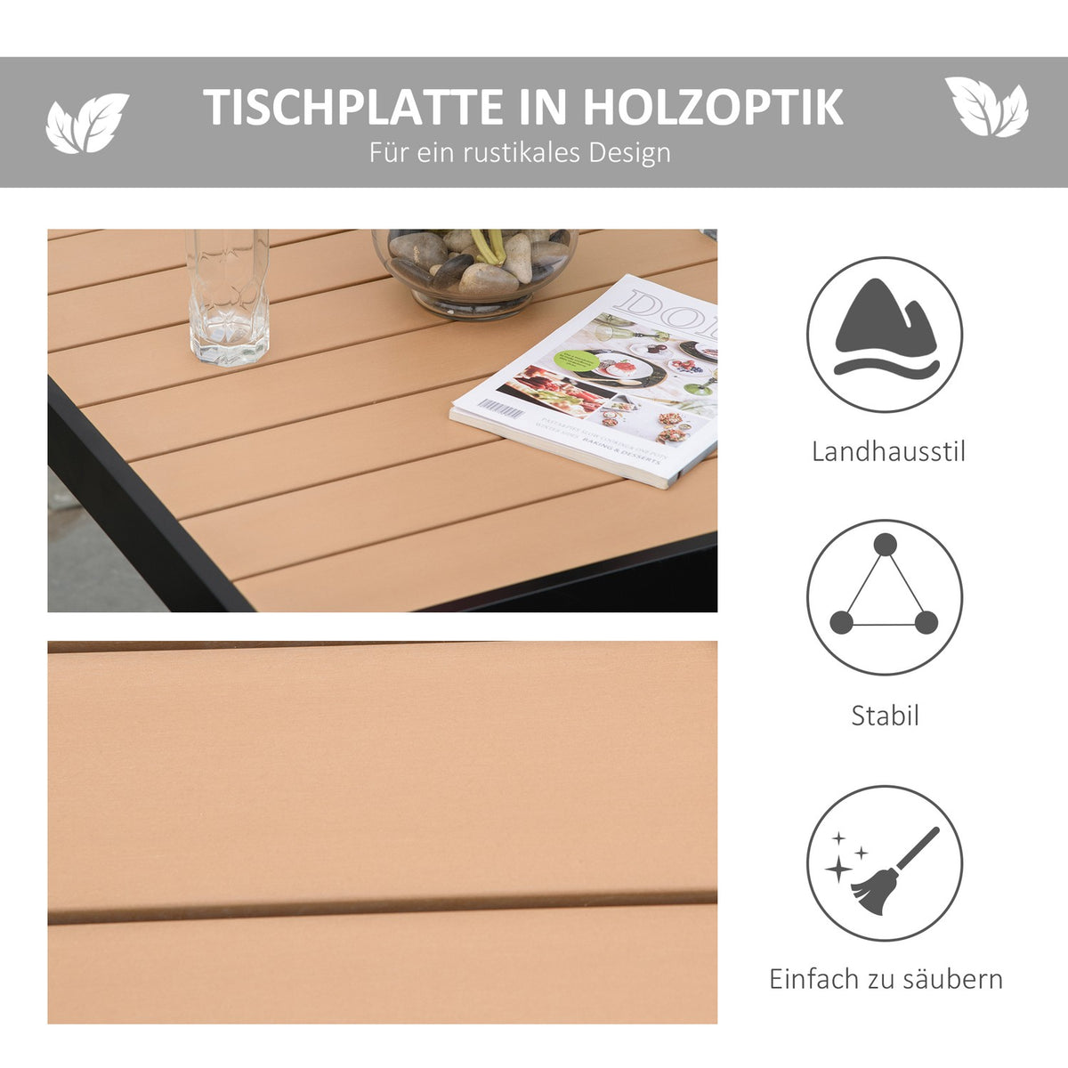 Garden Table For 4 People, Dining Table, Aluminum Table, Garden Furniture, Lounge Furniture, Easy-Care Plastic, Natural + Black, 80 X 80 X 74 Cm