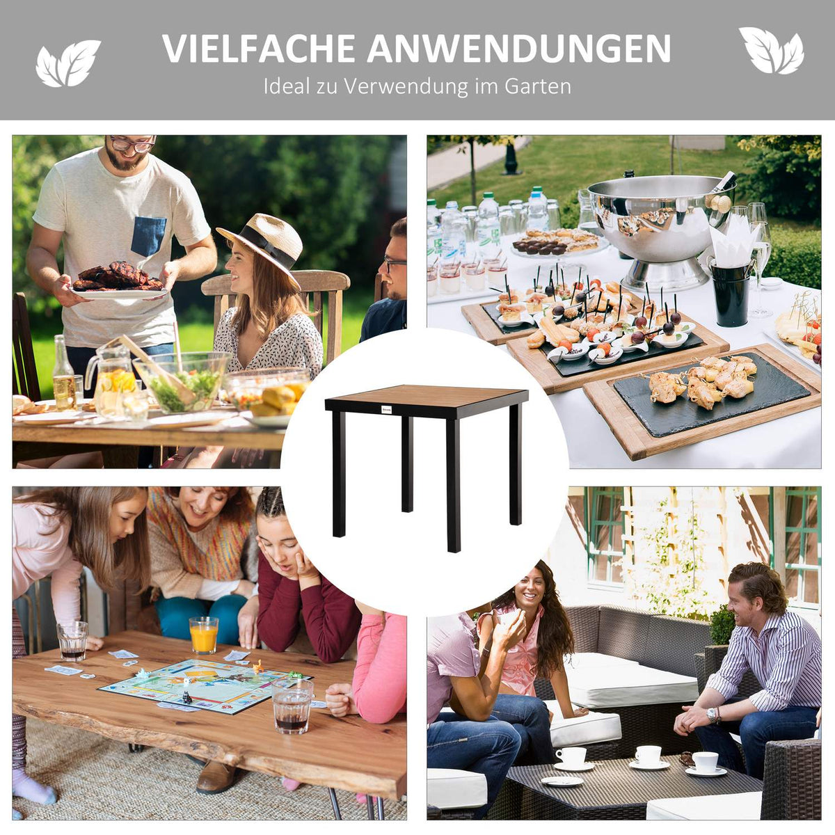 Garden Table For 4 People, Dining Table, Aluminum Table, Garden Furniture, Lounge Furniture, Easy-Care Plastic, Natural + Black, 80 X 80 X 74 Cm