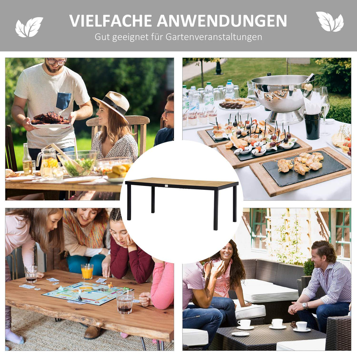 Garden Table For 8 People, Dining Table, Aluminum Table, Garden Furniture, Lounge Furniture, Easy-Care Plastic, Natural + Black, 190 X 90 X 74 Cm