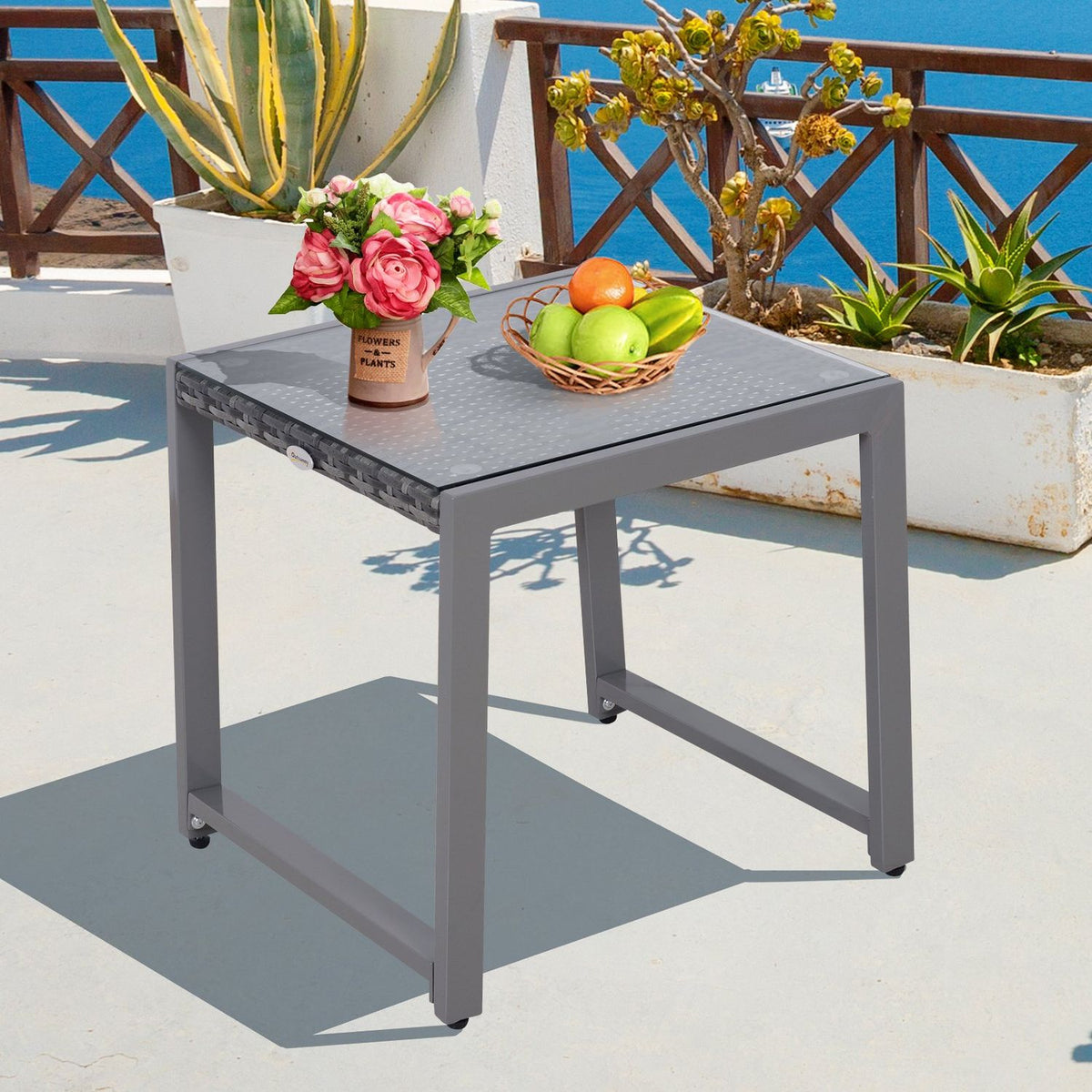 Garden Table Garden Side Table With Tempered Glass Polyrattan + Aluminum
