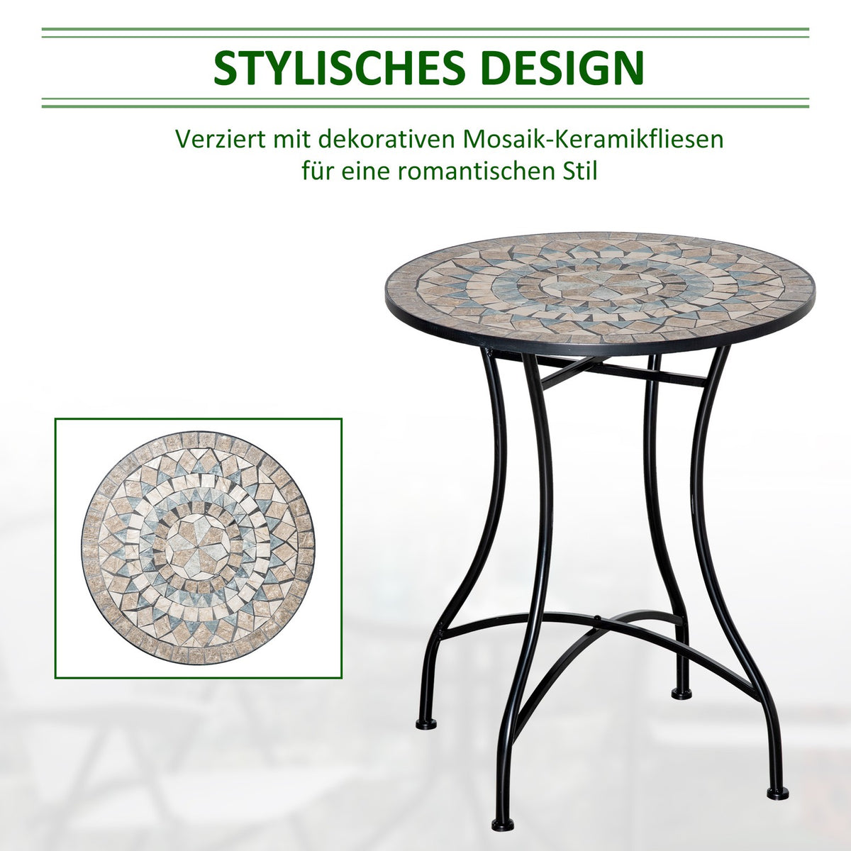 Garden Table Mosaic Table Round Bistro Table Mosaic Plate Ceramic Metal Green + Beige + White Ø60Cm