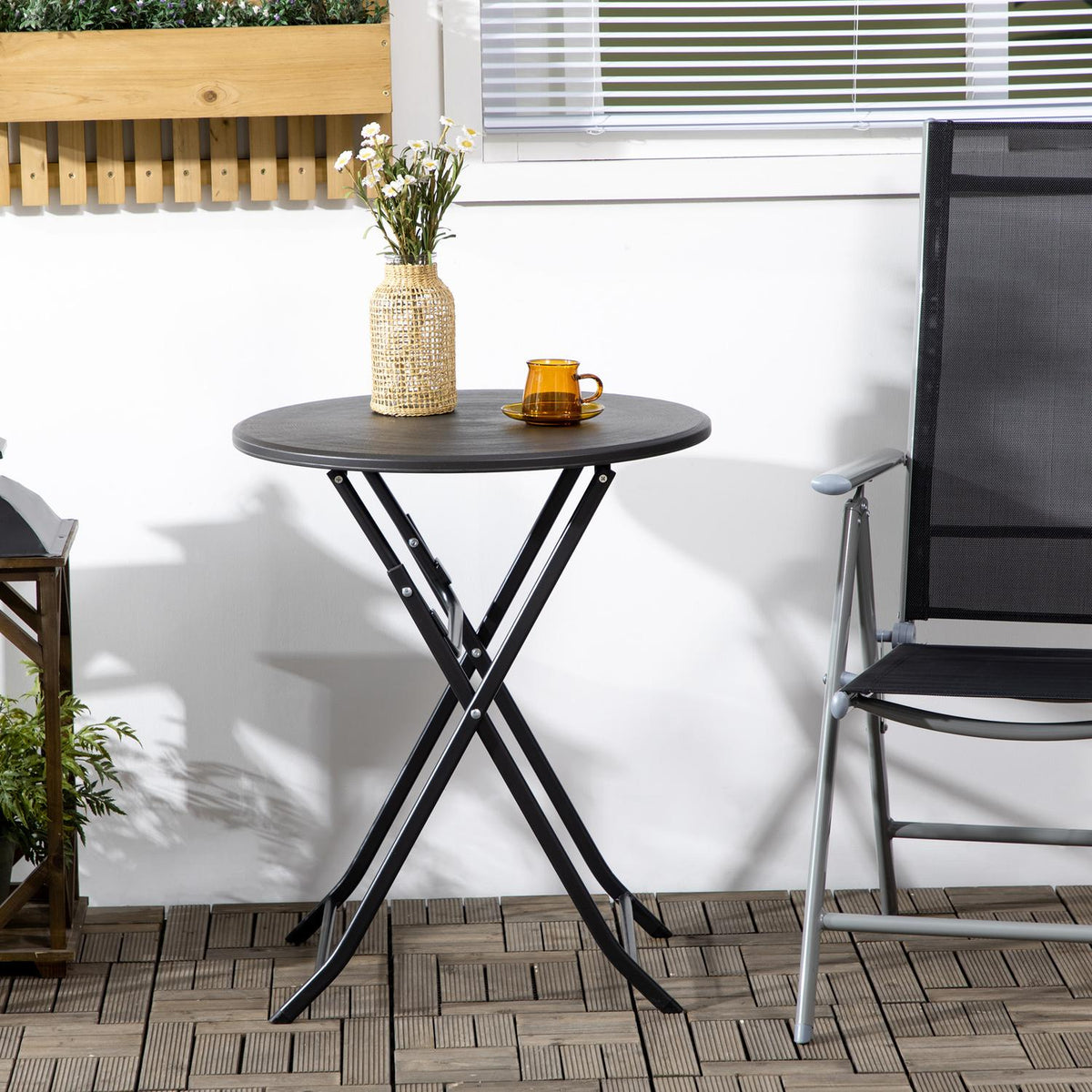 Garden Table, Round Folding Table, Ø60 Cm Side Table, Garden Dining Table With Decorative Wood Look, For Balcony, Terrace, Dark Gray