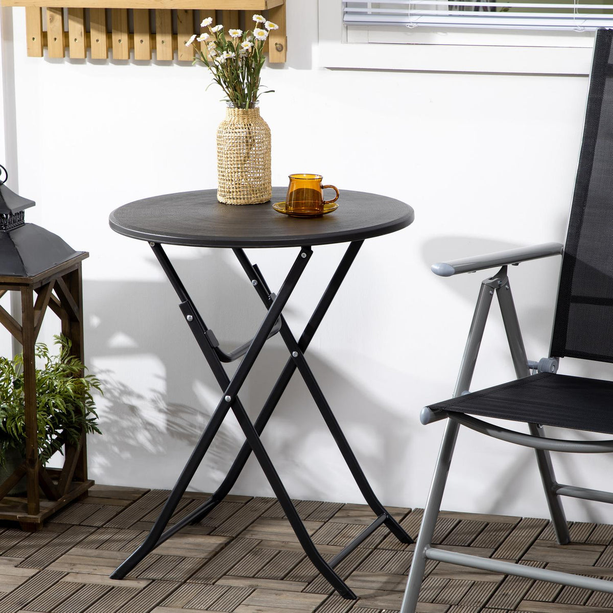 Garden Table, Round Folding Table, Ø60 Cm Side Table, Garden Dining Table With Decorative Wood Look, For Balcony, Terrace, Dark Gray