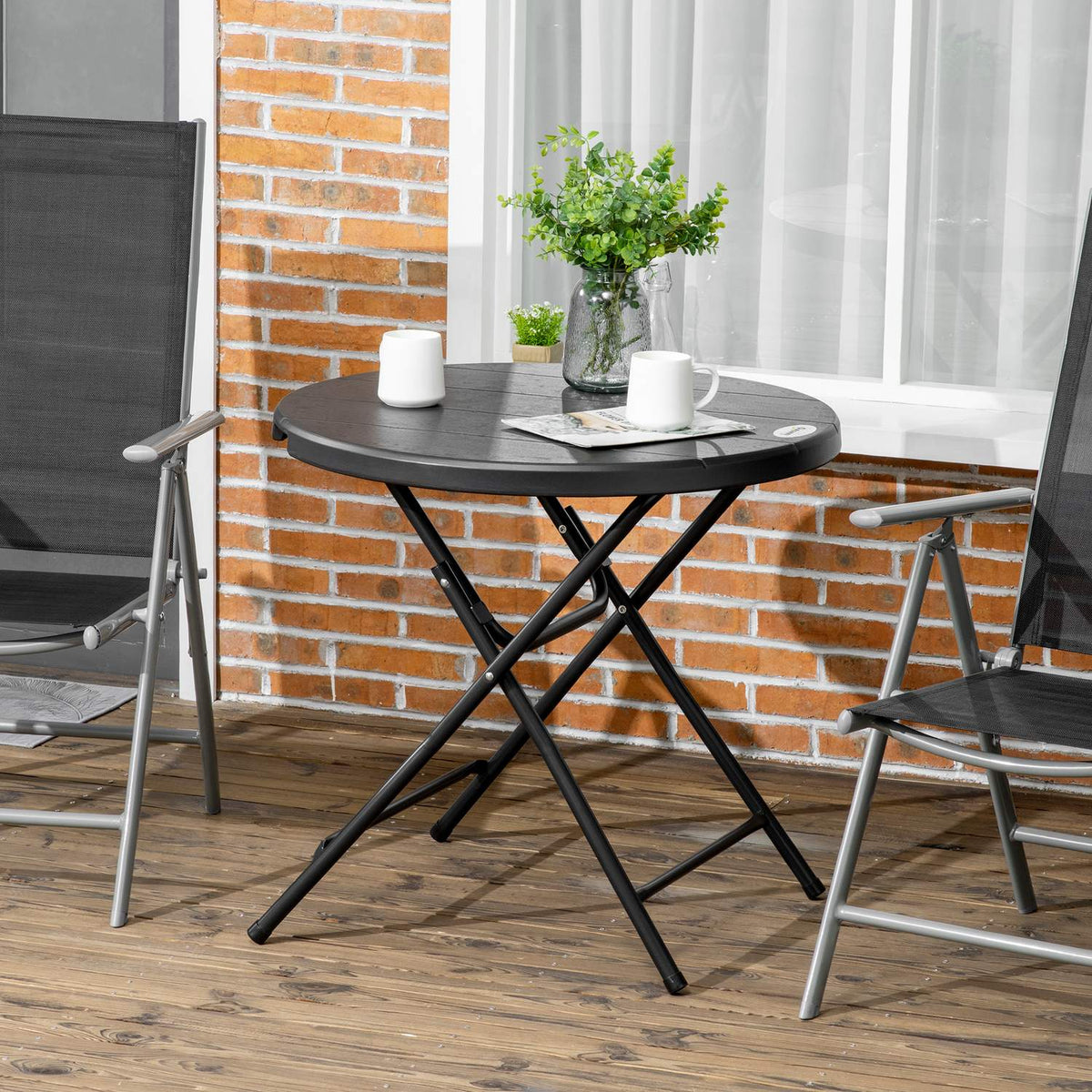 Garden Table, Round Folding Table, Ø80 Cm Side Table For 4 People, Garden Dining Table With Decorative Wood Look, For Balcony, Dark Gray