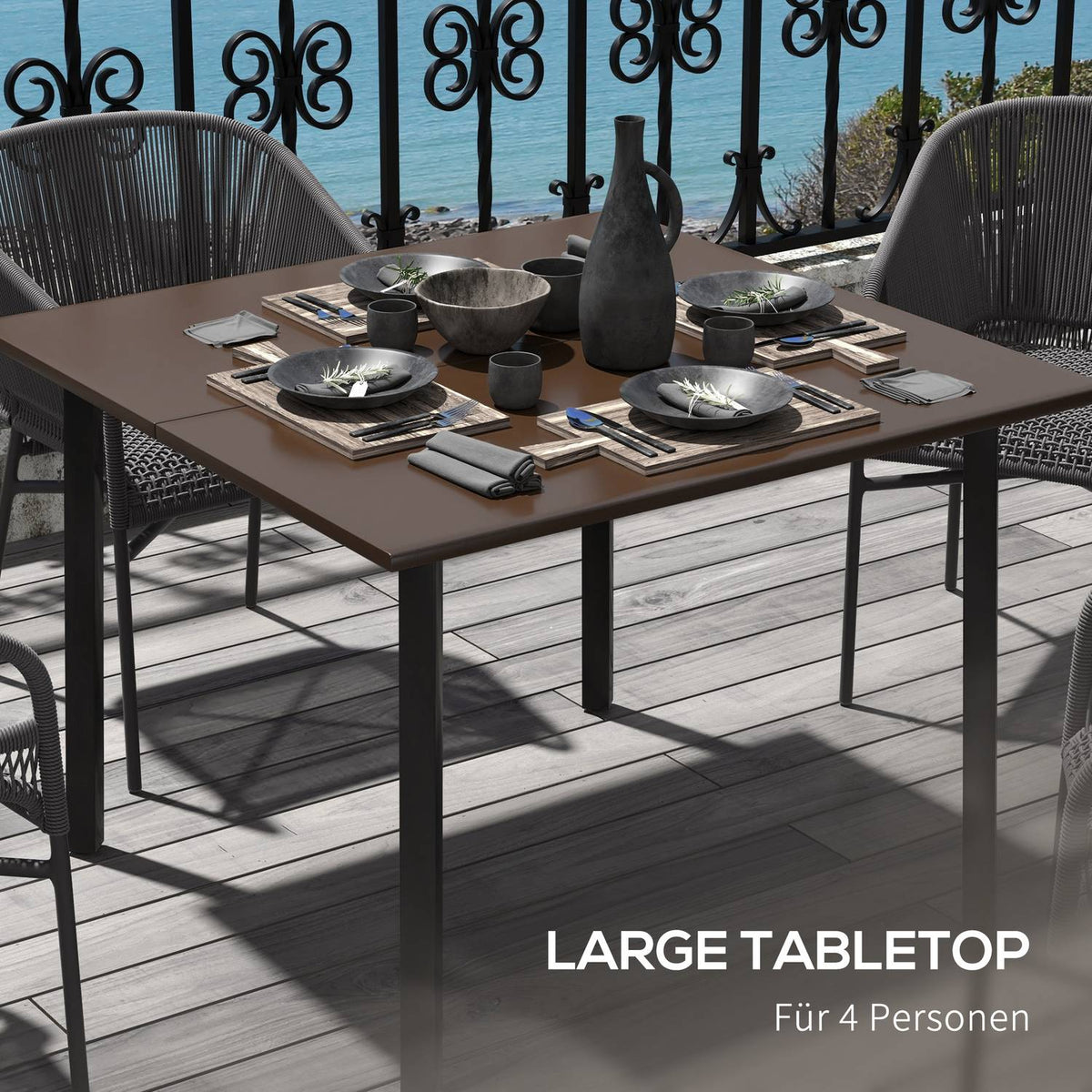 Garden Table Square 4 Person Umbrella Hole Steel Brown 100X100X72Cm