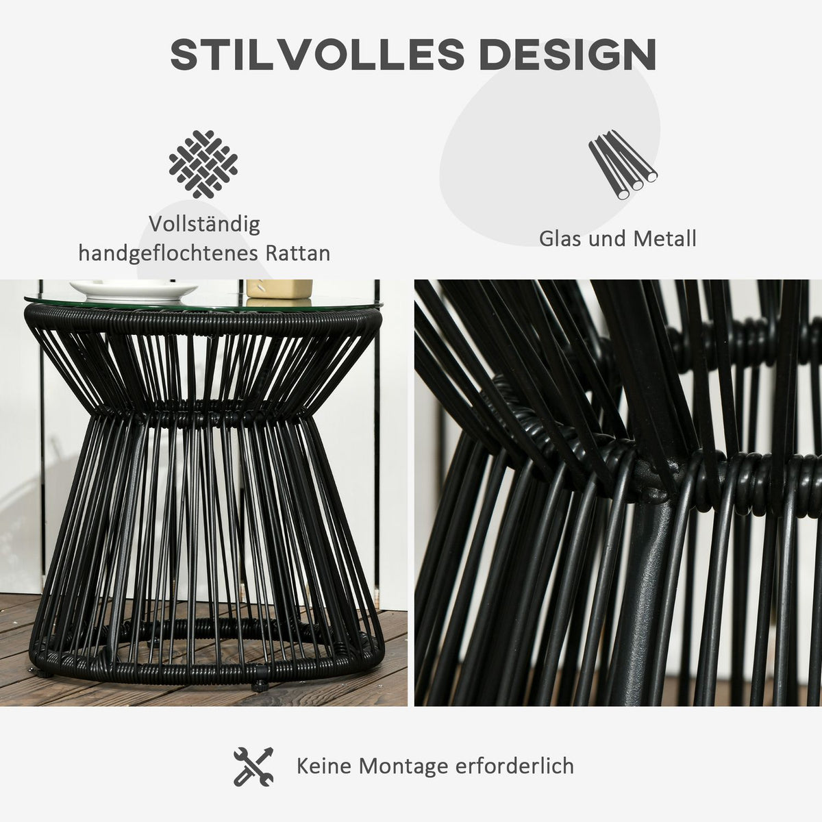 Garden Table With Hollow Drum Design, Bistro Table With Glass Table Top, Round Coffee Table, Bistro Table With Glass Table Top, Black
