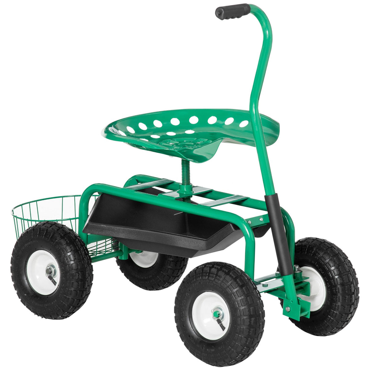 Garden Trolley, Workshop Trolley, Garden Seat With Swivel Seat, Storage Basket, Height-Adjustable, 150 Kg Load Capacity, Metal + Rubber, Green, 81 X 44.5 X 46-59 Cm
