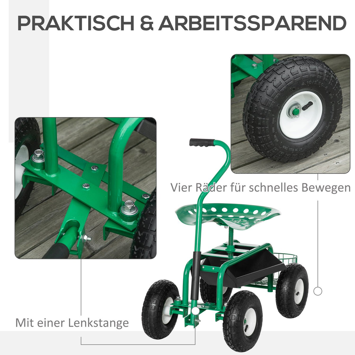 Garden Trolley, Workshop Trolley, Garden Seat With Swivel Seat, Storage Basket, Height-Adjustable, 150 Kg Load Capacity, Metal + Rubber, Green, 81 X 44.5 X 46-59 Cm