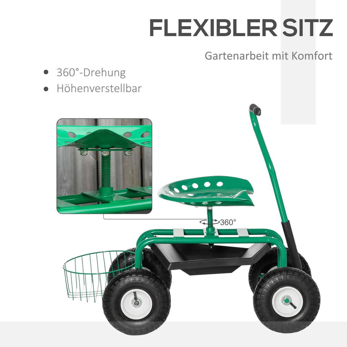 Garden Trolley, Workshop Trolley, Garden Seat With Swivel Seat, Storage Basket, Height-Adjustable, 150 Kg Load Capacity, Metal + Rubber, Green, 81 X 44.5 X 46-59 Cm