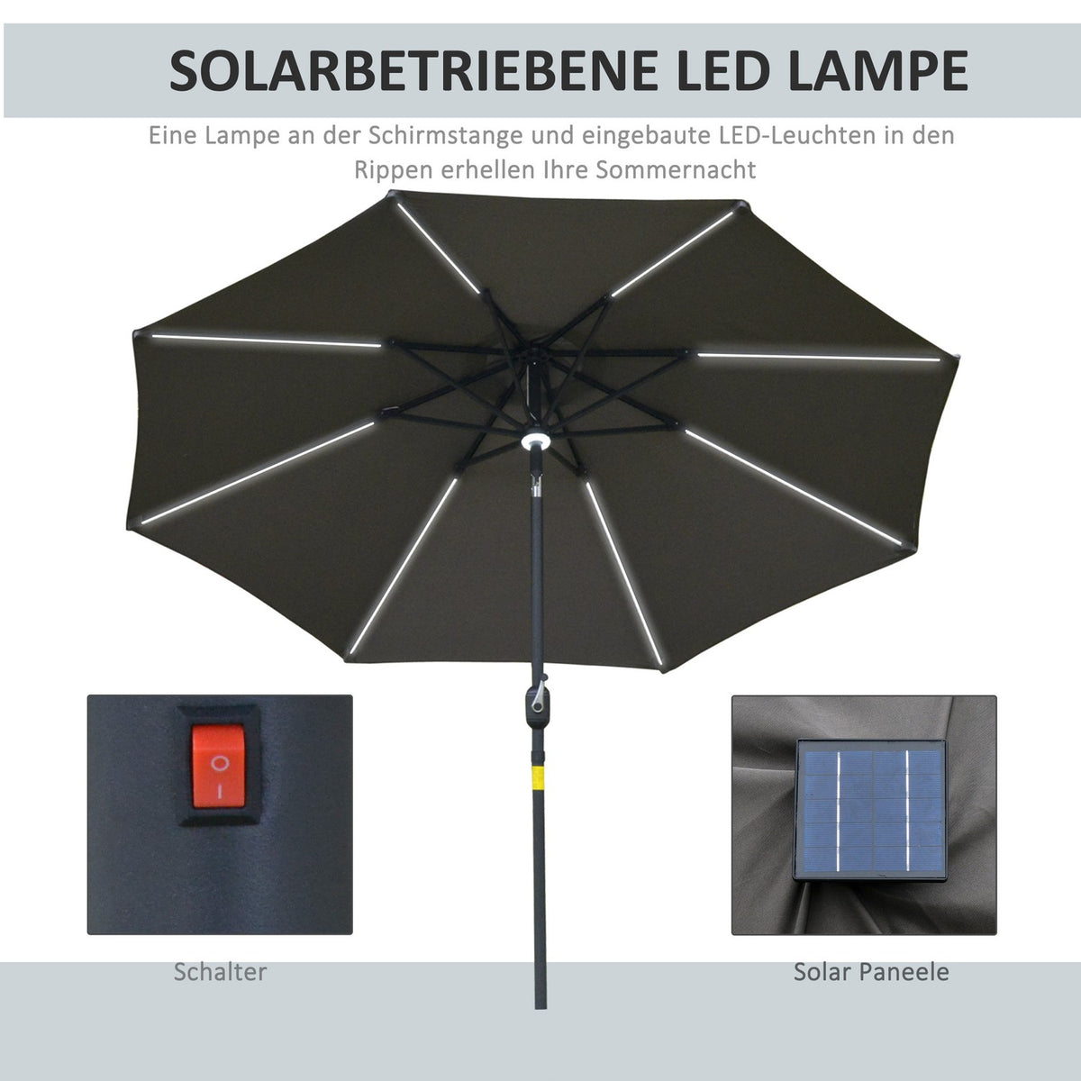 Garden Umbrella Solar Lighting Led Steel Aluminum Polyester Dark Gray Ø270X245Hcm
