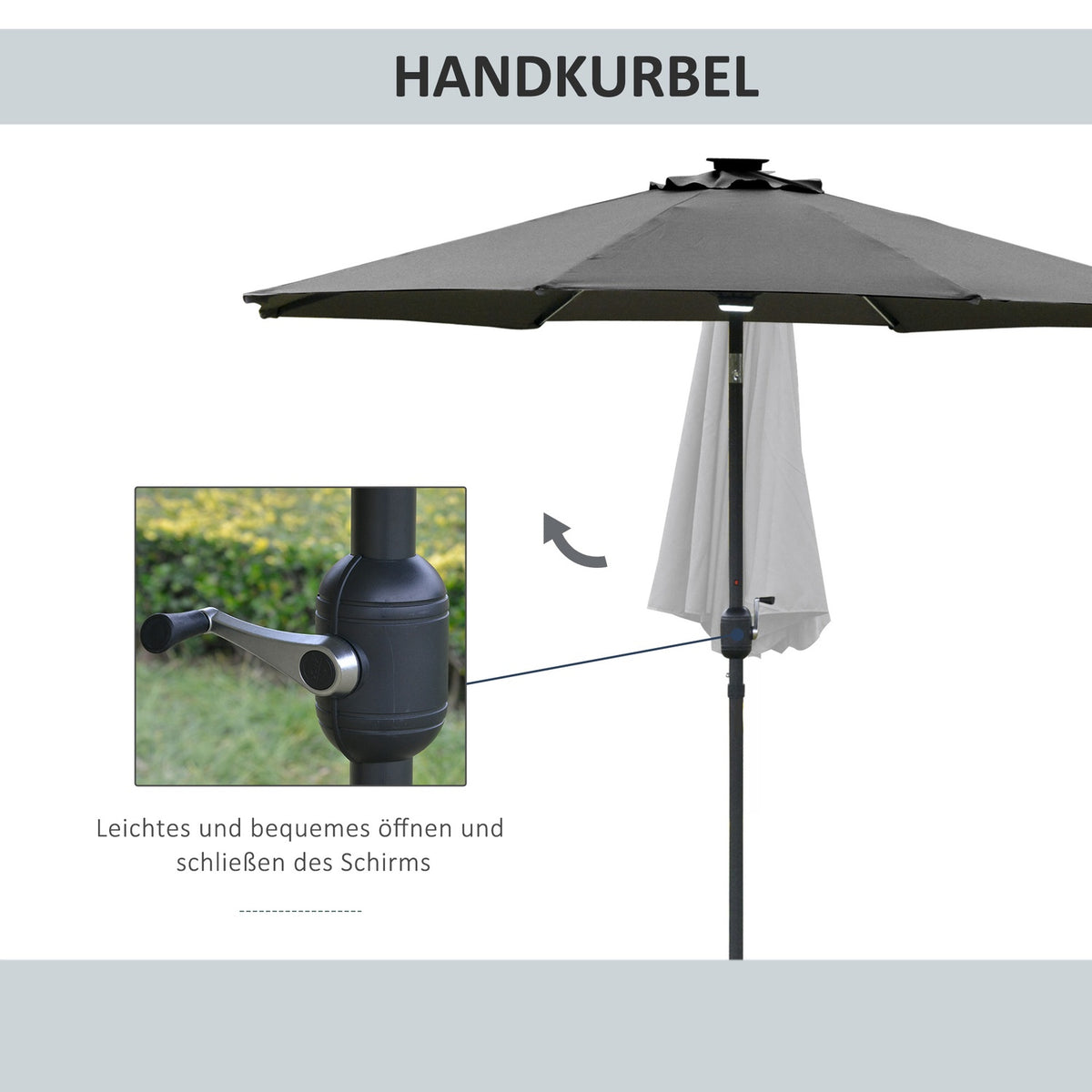 Garden Umbrella Solar Lighting Led Steel Aluminum Polyester Dark Gray Ø270X245Hcm