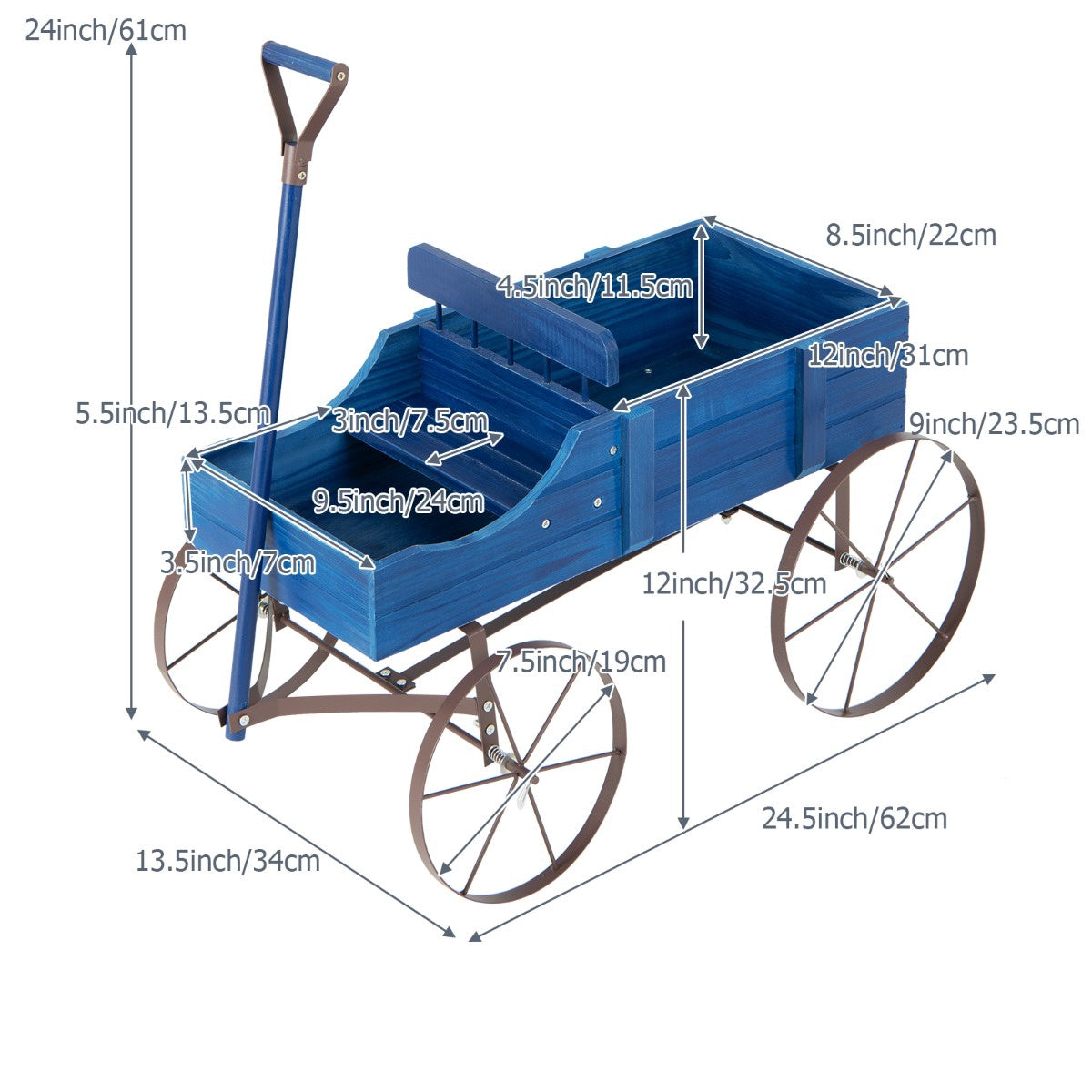 Garden Wagon Planter, Fir Wood, 2 Sections, Blue