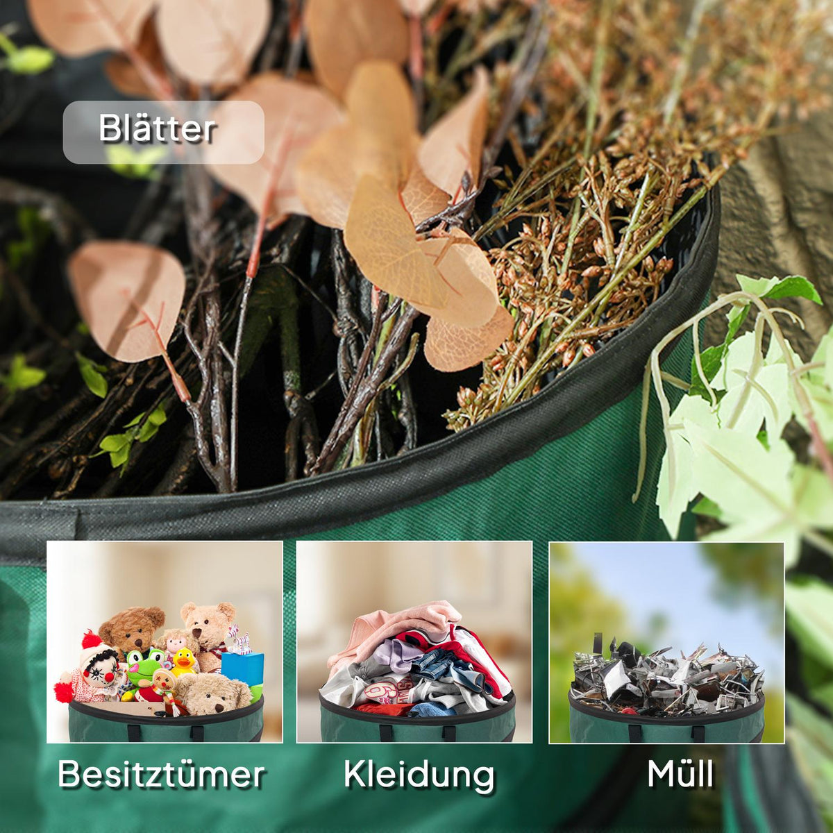 Garden bag 2x160L waterproof garden waste bag with zipper lid handles, sturdy leaf bag, self-standing garden bags, reusable garden waste bags for garden waste green cuttings