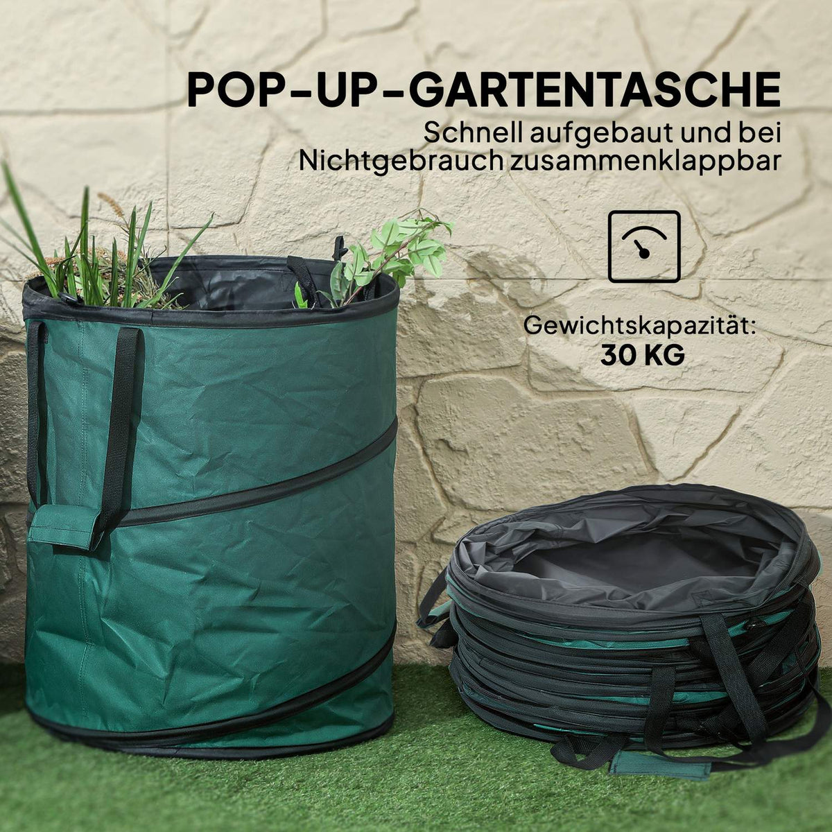 Garden bag 2x160L waterproof garden waste bag with zipper lid handles, sturdy leaf bag, self-standing garden bags, reusable garden waste bags for garden waste green cuttings