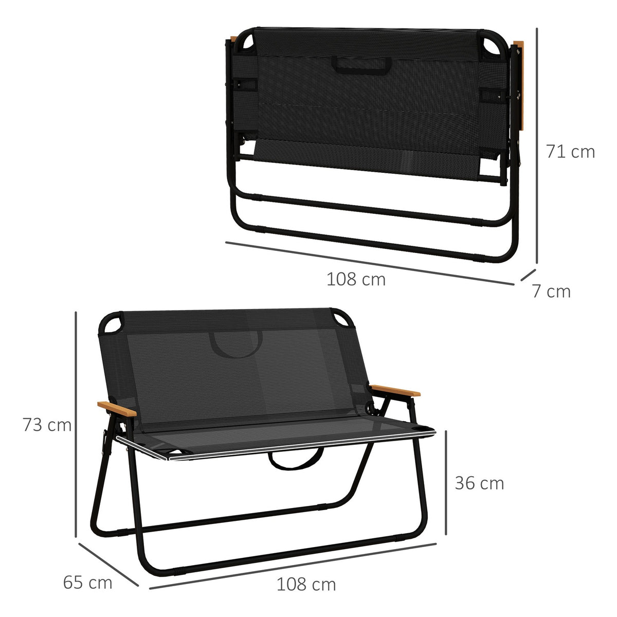 Garden bench folding 2-seater camping bench, up to 220 kg, for camping & patio, mesh, black, 108x65x73cm