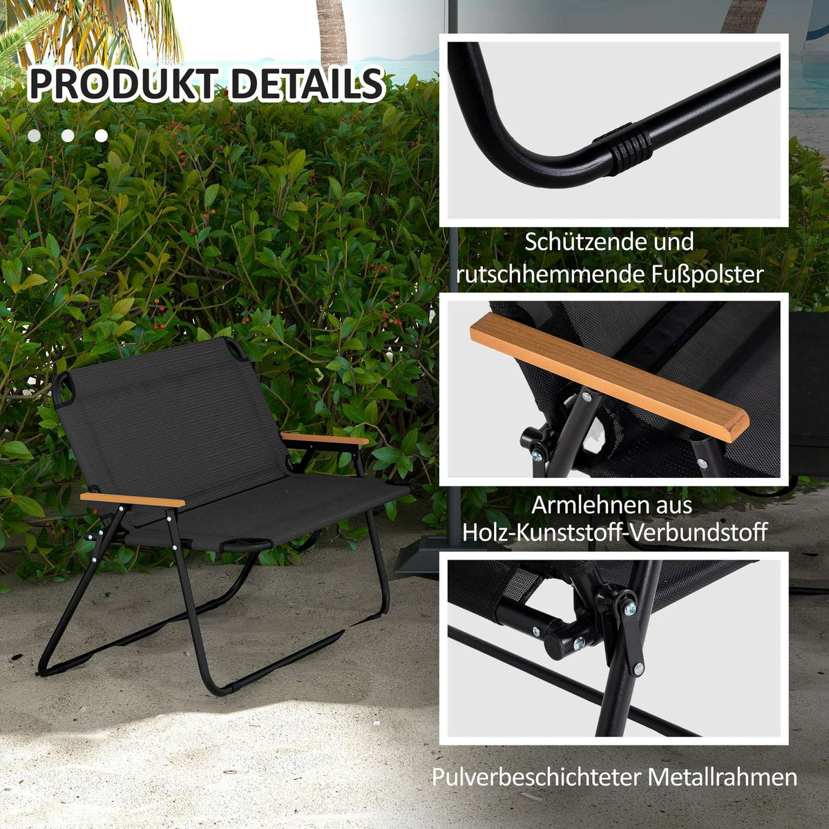 Garden bench folding 2-seater camping bench, up to 220 kg, for camping & patio, mesh, black, 108x65x73cm