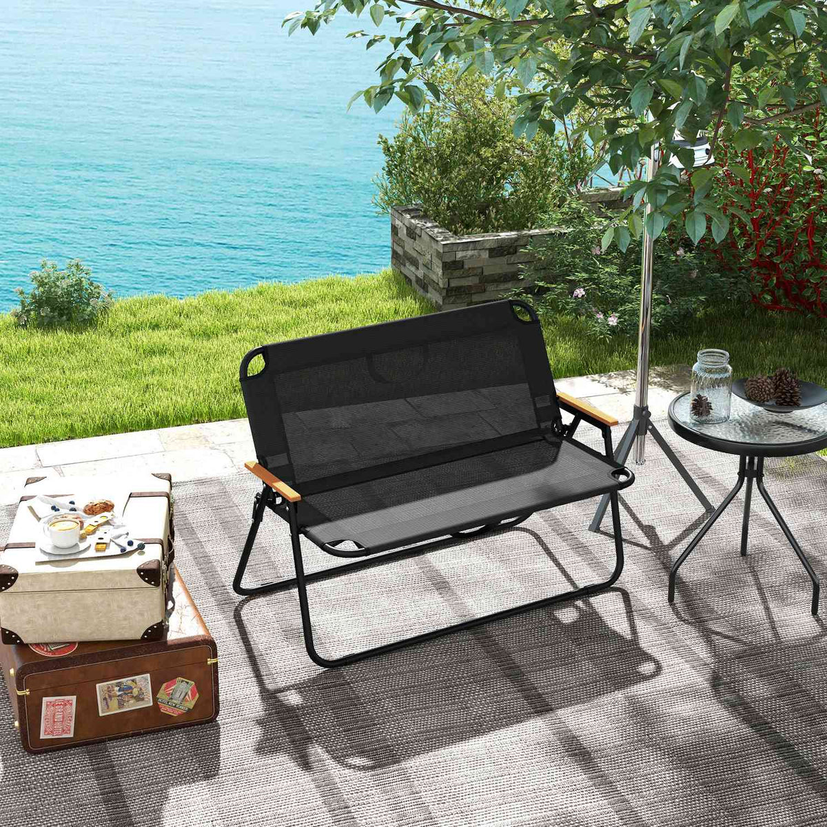 Garden bench folding 2-seater camping bench, up to 220 kg, for camping & patio, mesh, black, 108x65x73cm